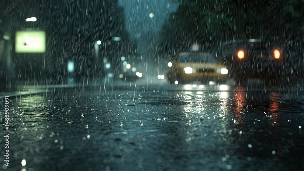 Obraz premium Rainy Night City Street Scene with Blurred Lights and Wet Asphalt