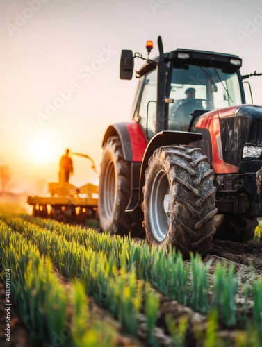 Agricultural Tractor Cultivates Farm Field at Sunrise During Planting Season