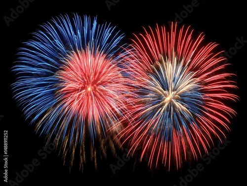 Vibrant Patriotic Fireworks Bursting in the Night Sky on Black Background