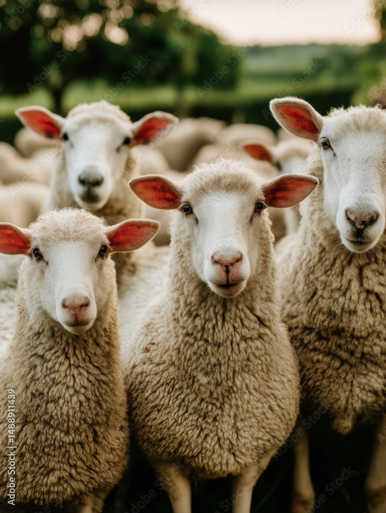 Obraz premium Curious Sheep Flock Portrait: Grazing Animals in Rural Landscape