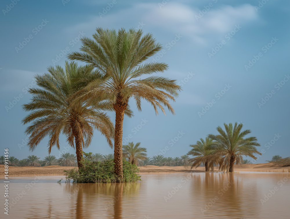 Lush palm trees stand resiliently in flooded landscape, surrounded by still waters reflecting the sky, showcasing nature's beauty amidst the aftermath of a natural disaster Lush palm trees stand resiliently in flooded landscape, surrounded by still waters reflecting the sky, showcasing nature's beauty amidst the aftermath of a natural disaster