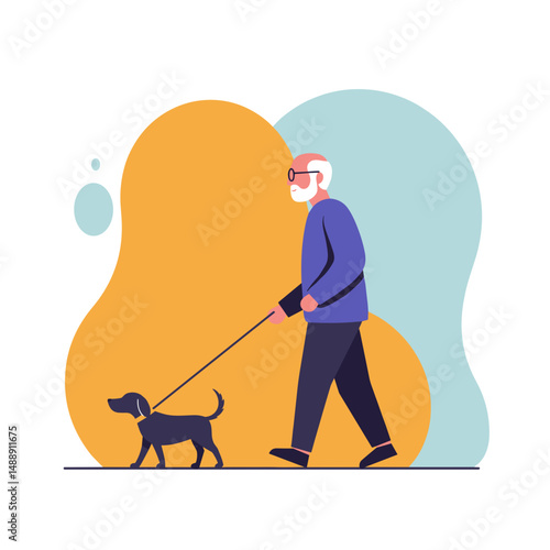 Elderly man walking dog on leash against colorful abstract background  