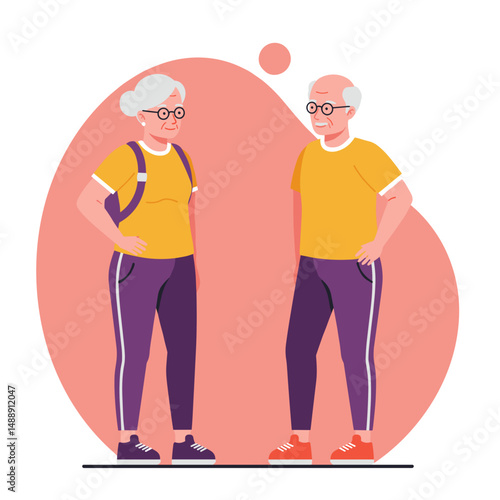 Elderly couple chatting while dressed in activewear against a colorful backdrop  