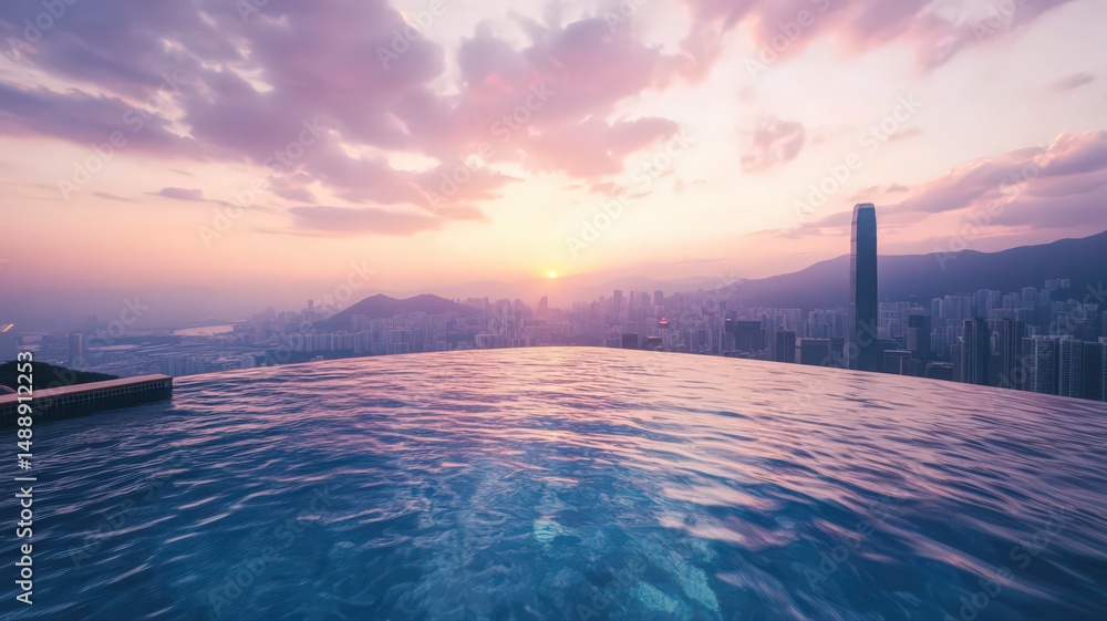 Fototapeta premium Rooftop Infinity Pool Overlooking Vibrant City Skyline at Sunset