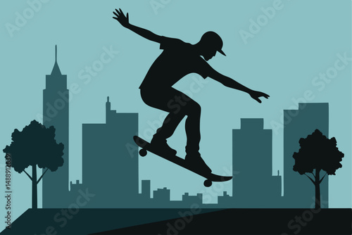 Vector silhouette illustration of people jumping and running in the city, capturing the action and spirit of youth and sport