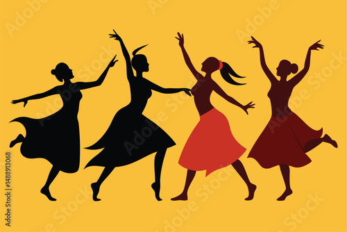Jumping and dancing people silhouettes illustrate the joy of ballet and disco, capturing the evolution of dance