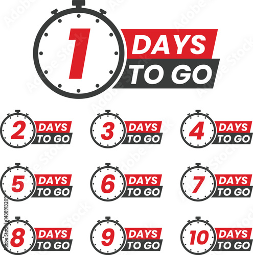 Countdown days to go poster. Count time display with all numbers from zero to nine. Sales or promotion clock. Number of days left sign for sale and promotion. Countdown left days.