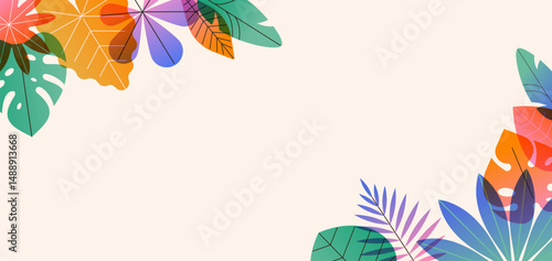 Tropical leaves frame summer background. Colorful modern botanical border. Abstract flat vector illustration of exotic jungle foliage.