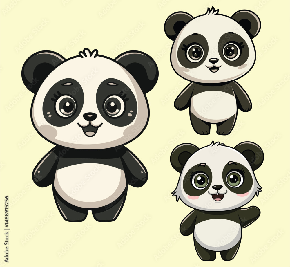 Naklejka premium Cute Panda Bear Cartoon Characters in Different Poses Vector Illustration