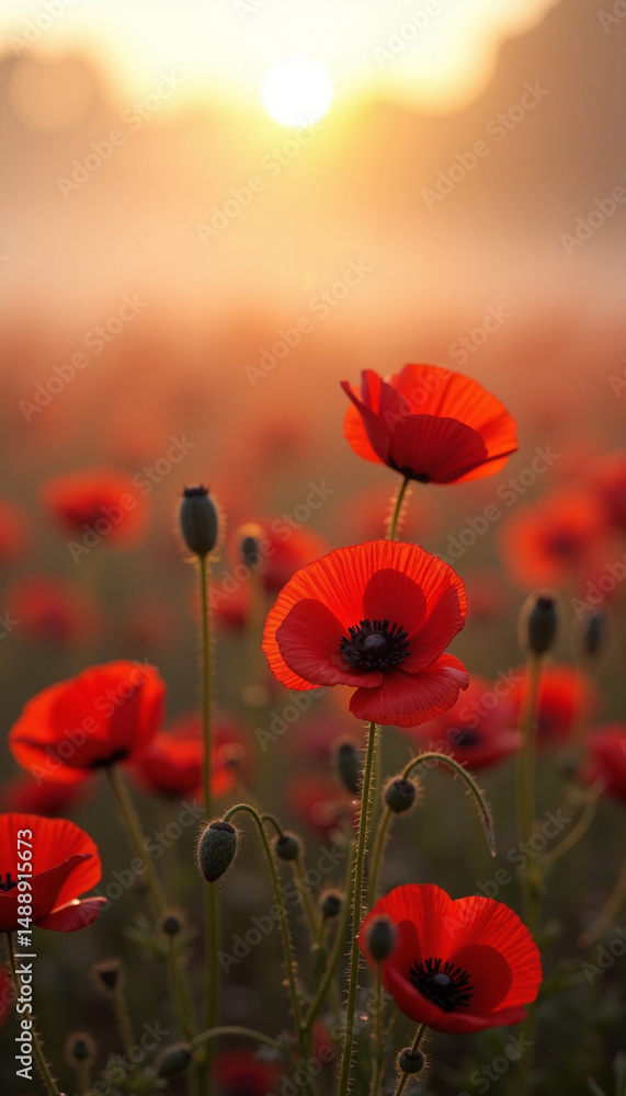 Fototapeta premium Red poppies at sunrise, a field of flowers, nature photography for websites and blogs
