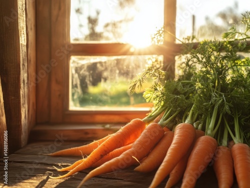 Fresh carrots bathed in sunlight by the window in a rustic kitchen during the golden hour of the evening