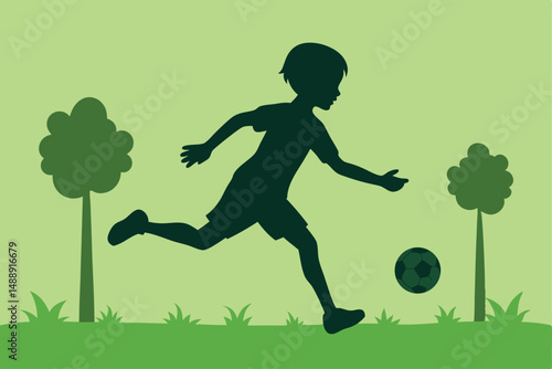 Cartoon children play soccer on green grass, a fun summer sport for kids