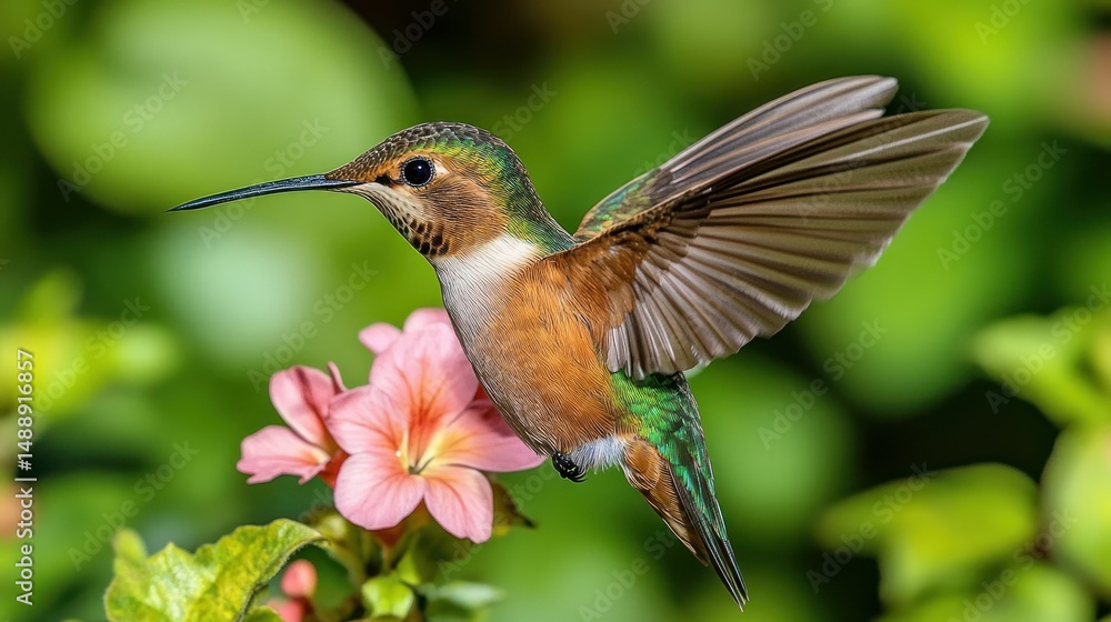 Fototapeta premium Hummingbird in flight, near pink flower