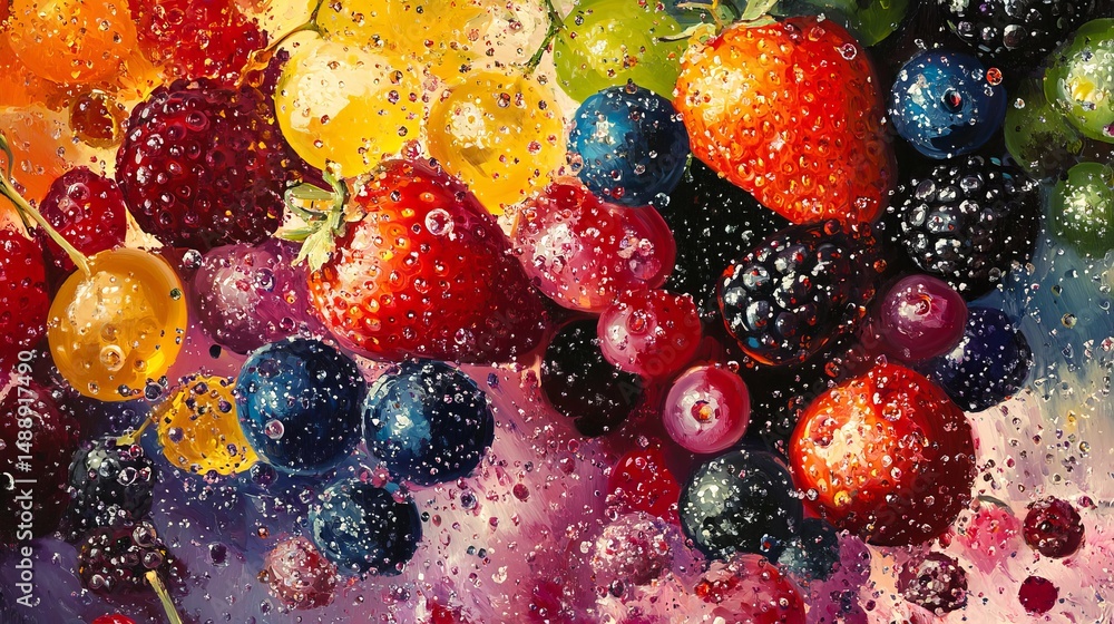Vibrant Summer Berries Juicy Strawberries Delicious Raspberries Sweet Cherries Plump Grapes Rich Blackberries Lush Colorful Fruit Painting art oil red food blue Vibrant Summer Berries Juicy Strawberries Delicious Raspberries Sweet Cherries Plump Grapes Rich Blackberries Lush Colorful Fruit Painting art oil red food blue