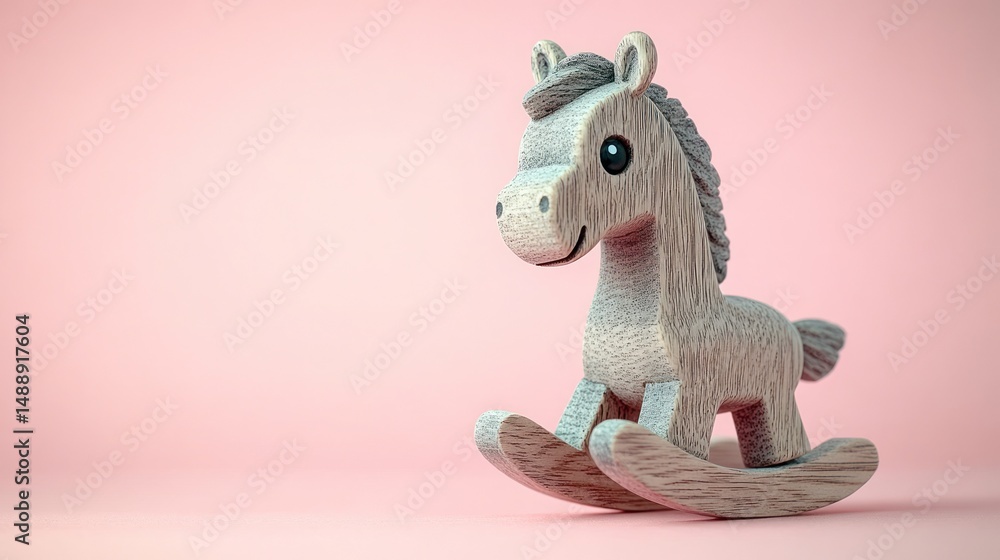 Cute wooden rocking horse on a pink background