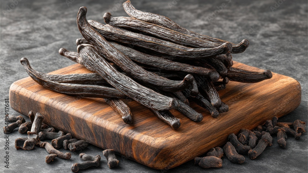 Dark brown vanilla pods on wooden board