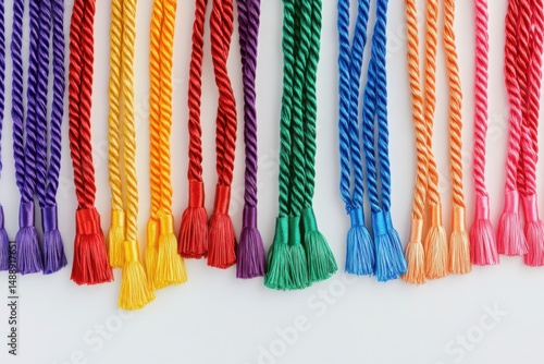Colorful honor cords hanging in a row for graduation ceremonies and academic achievements