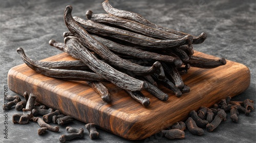 Obraz na płótnie Dark brown vanilla pods on wooden board w salonie