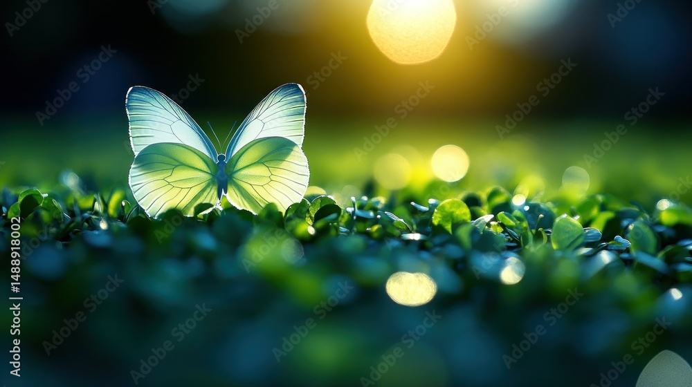 Delicate butterfly on vibrant green foliage at sunrise