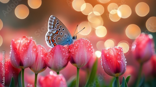 Delicate butterfly on dewy pink tulips