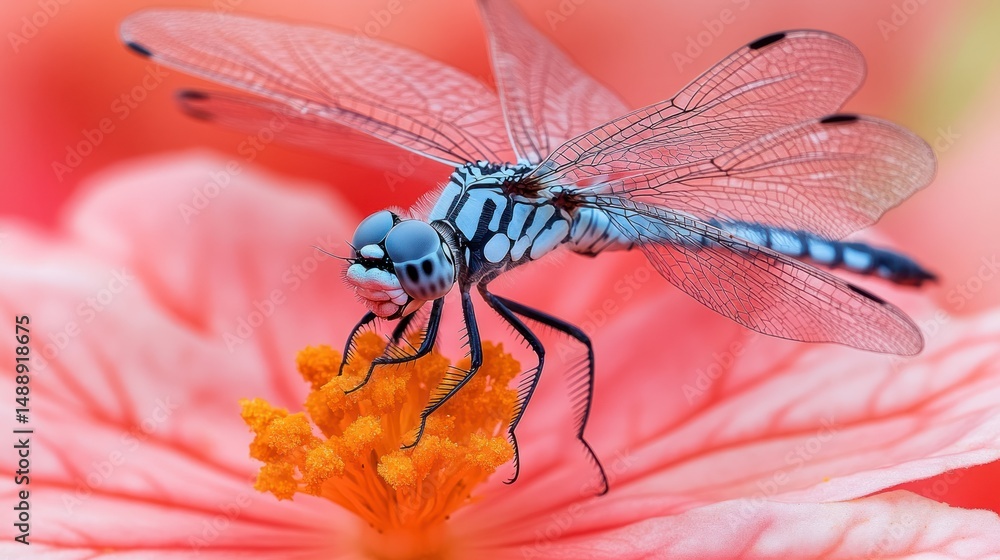 Dragonfly on a pink flower. Close-up view