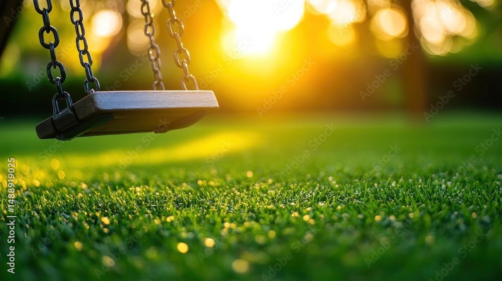 Empty swing at sunset, lush green grass
