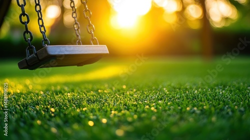 Obraz na płótnie Empty swing at sunset, lush green grass w salonie