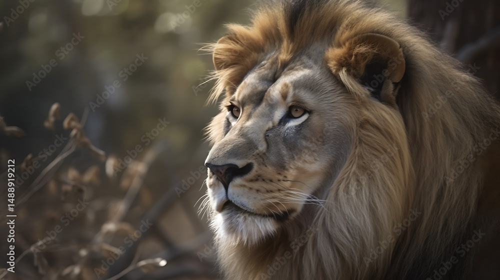Obraz premium Close-up of a majestic lion, head and shoulders, in a sunlit African savanna setting