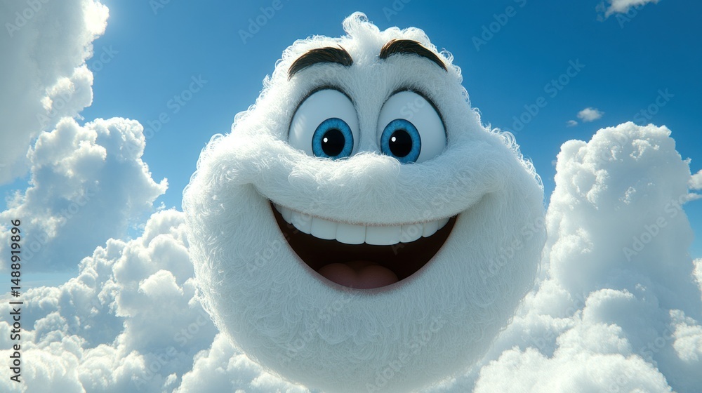 Fluffy, happy cloud face in a bright blue sky
