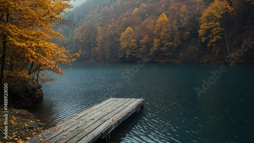 Serene Autumn Lake with Wooden Dock and Colorful Forest