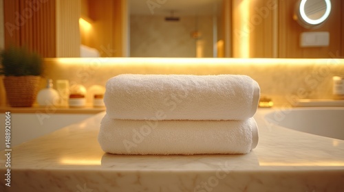 Folded towels on marble countertop in a luxury bathroom