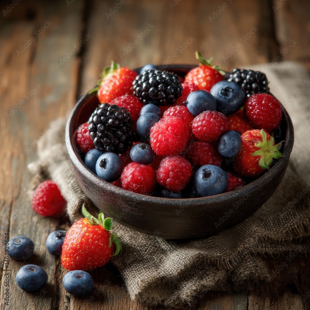 A rustic bowl overflowing with a mix of fresh, juicy berries. A vibrant summer treat! A rustic bowl overflowing with a mix of fresh, juicy berries. A vibrant summer treat!