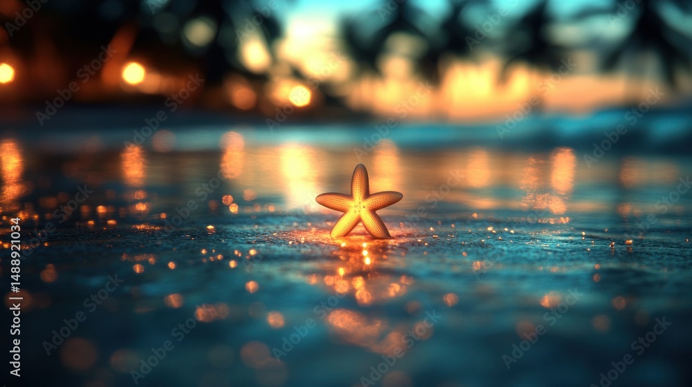 Glowing starfish on beach at sunset