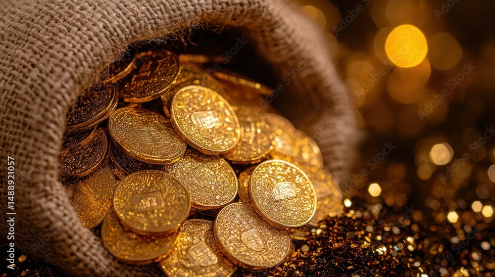 Gold coins spilling from burlap sack