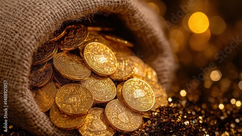 Obraz na płótnie Gold coins spilling from burlap sack w salonie