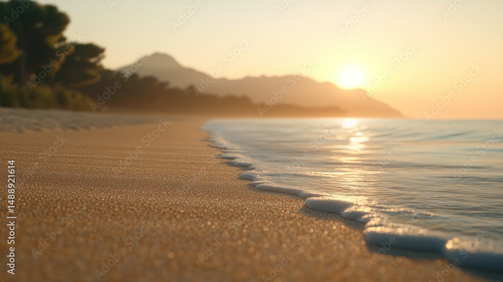 Golden sunrise beach. Gentle waves kiss the sand