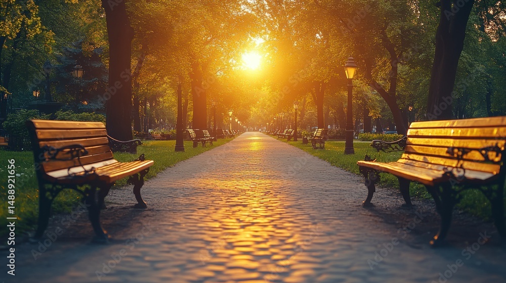 Golden sunlight streams down a park pathway lined with trees and benches