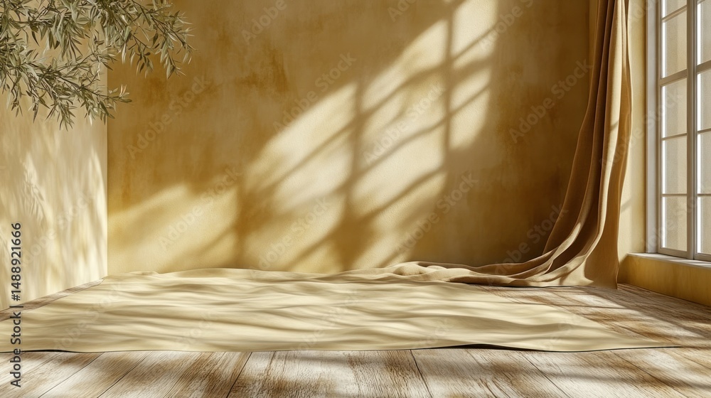 Golden sunlit corner room with draped fabric