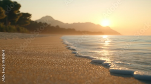 Obraz na płótnie Golden sunrise beach. Gentle waves kiss the sand w salonie