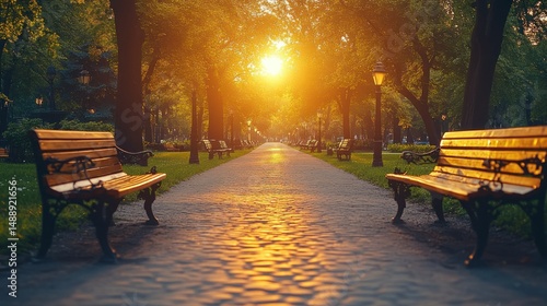 Obraz na płótnie Golden sunlight streams down a park pathway lined with trees and benches w salonie