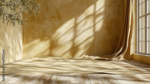 Obraz na płótnie Golden sunlit corner room with draped fabric w salonie
