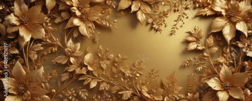 Luxurious golden floral backdrop with intricate leaf details,  festive,  abstract,  graphic