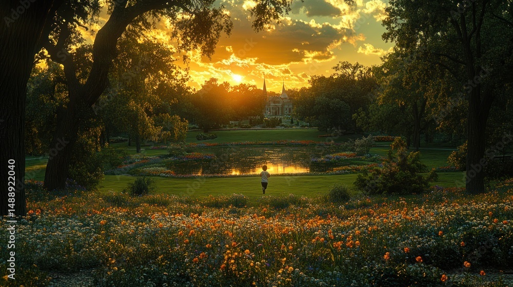 Golden sunset over park with runner