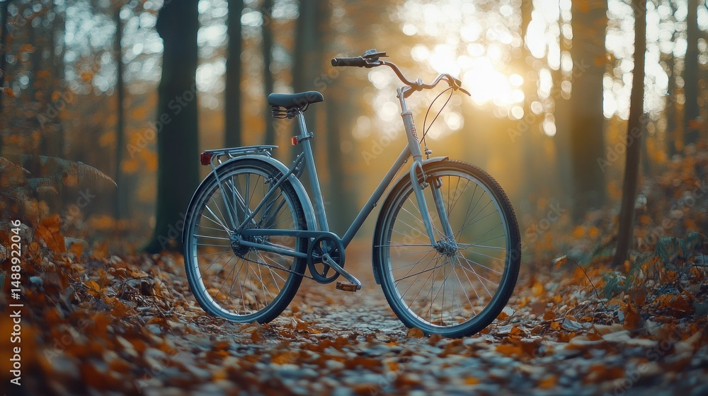 Gray bike in autumn forest path