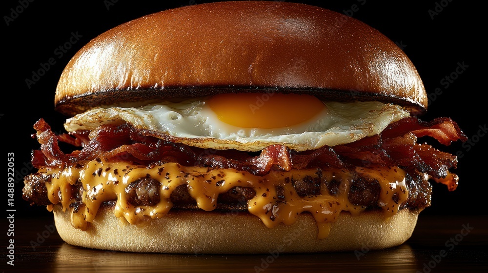 Gourmet breakfast burger, bacon, egg, cheese