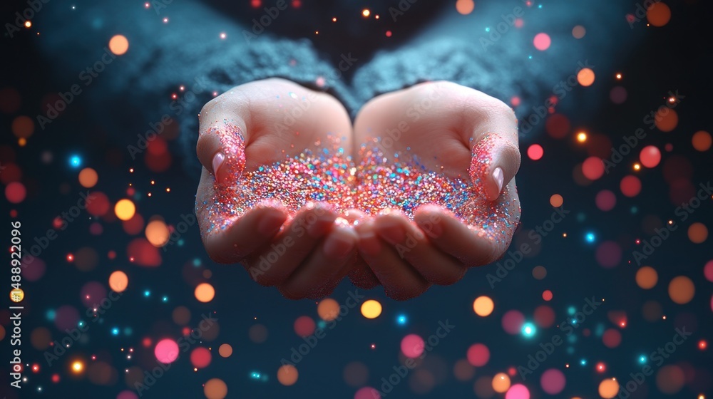 Hands holding colorful glitter, bokeh background