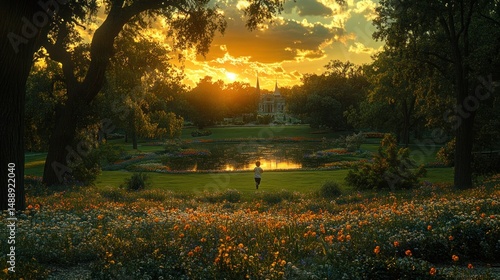 Obraz na płótnie Golden sunset over park with runner w salonie