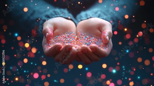 Obraz na płótnie Hands holding colorful glitter, bokeh background w salonie