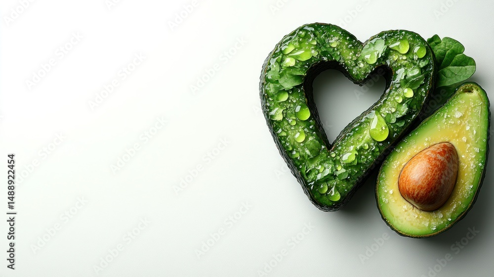 Heart-shaped avocado halves with water droplets