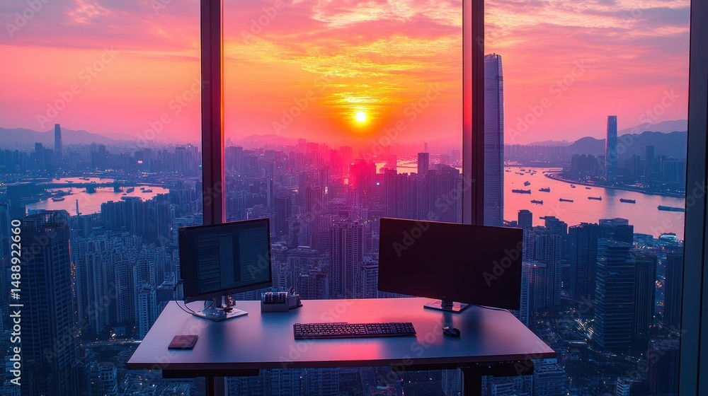 High-rise office view at sunset